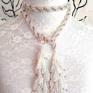 Iridescent white & copper bead lariat necklace & pierced dangling hoop earrings